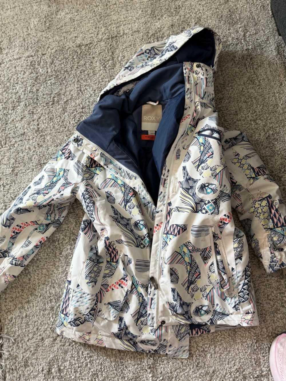 Roxy Girls White Hooded Raincoat with Navy Lining and Multicolor Print
